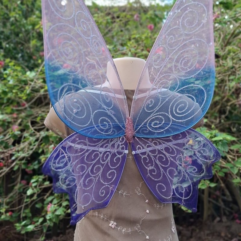 Medium Fairy wings for children or adults in pink blue purple ombre shaded tulle fabric with silver glitter details for fairy costumes, fairy fancy dress, halloween, fairy parties and fantasy theme events.