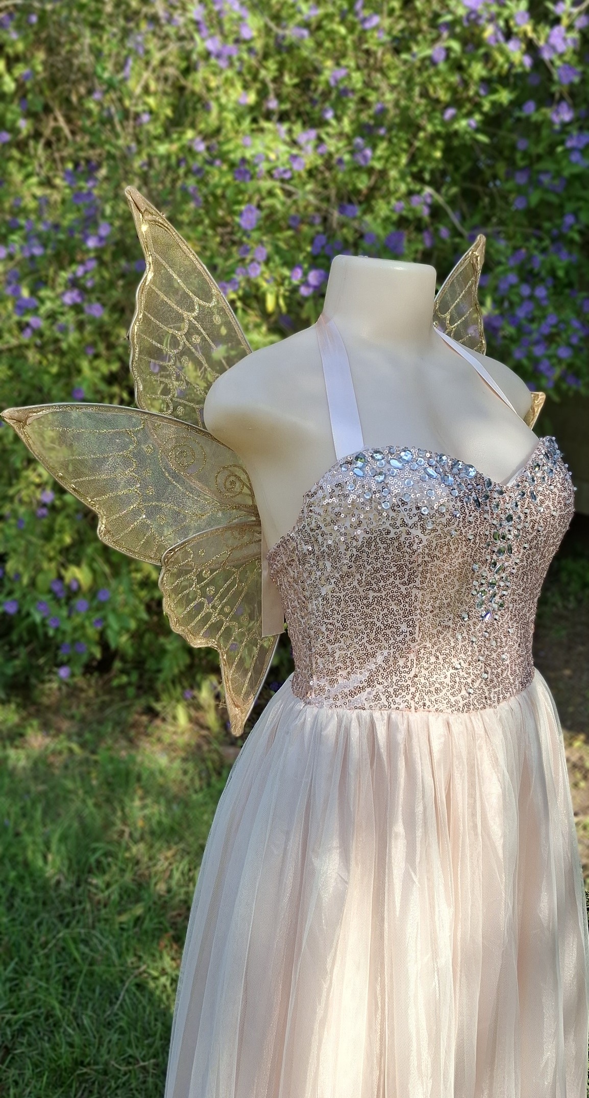 Gold strapless fairy wings, organza wings with glitter details for adult or children without straps, corset friendly wings for flower girls, fairy weddings, bridal fairy wings, cosplay and fairy costumes