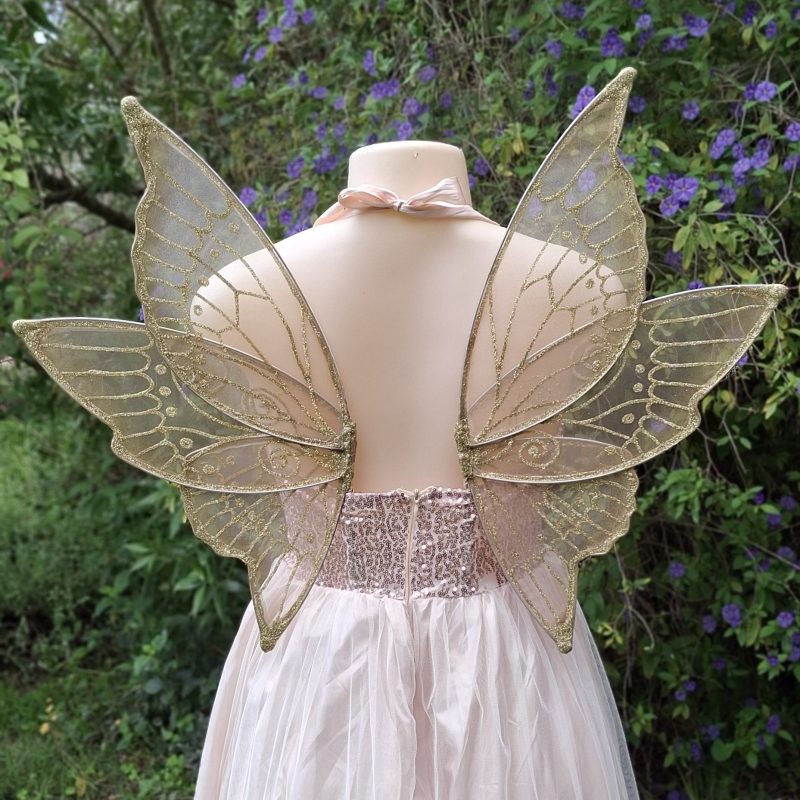 Gold strapless fairy wings, organza wings with glitter details for adult or children without straps, corset friendly wings for flower girls, fairy weddings, bridal fairy wings, cosplay and fairy costumes