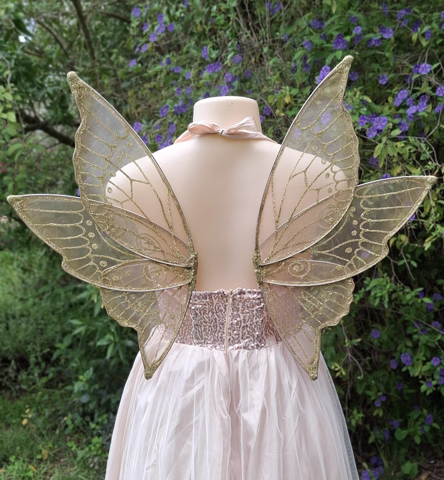 Gold strapless fairy wings, organza wings with glitter details for adult or children without straps, corset friendly wings for flower girls, fairy weddings, bridal fairy wings, cosplay and fairy costumes