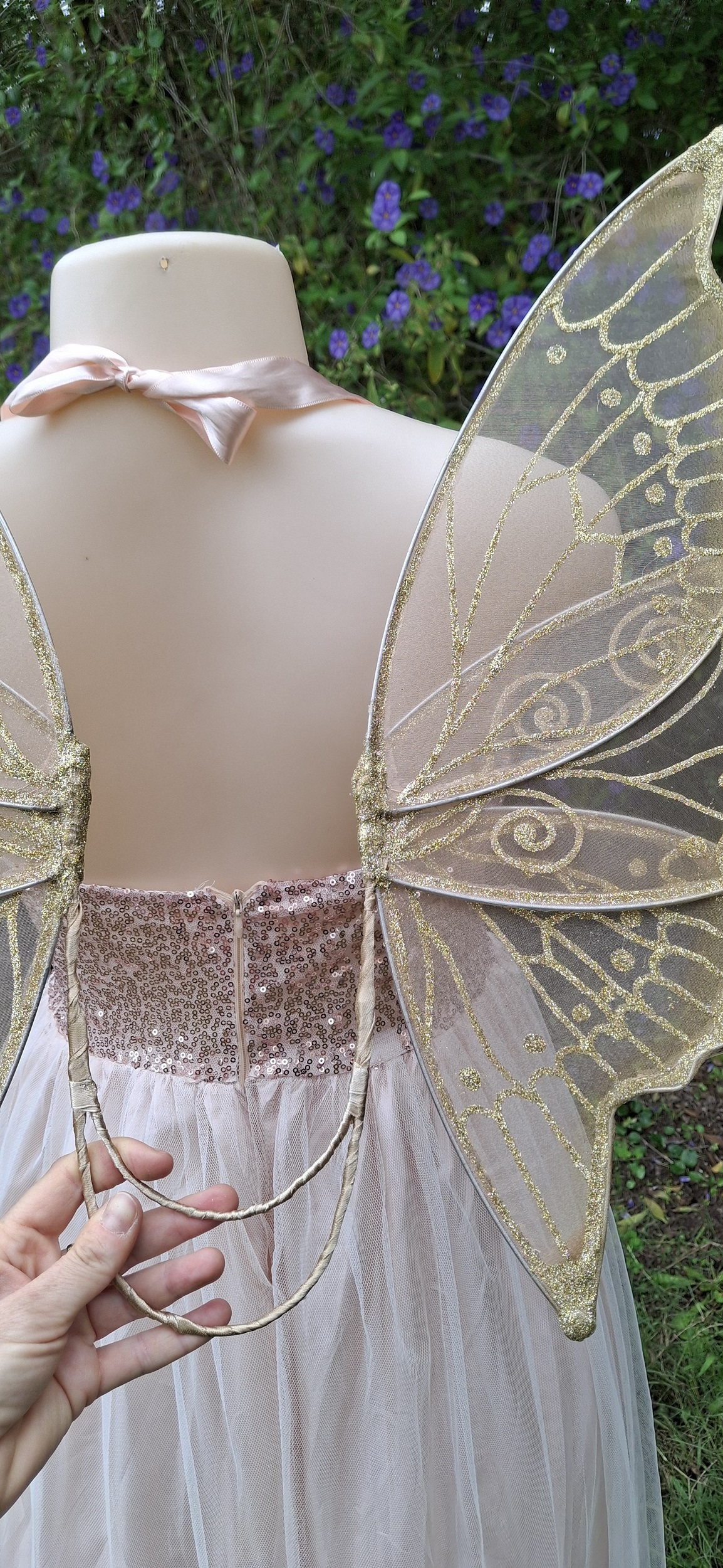 Gold strapless fairy wings, organza wings with glitter details for adult or children without straps, corset friendly wings for flower girls, fairy weddings, bridal fairy wings, cosplay and fairy costumes